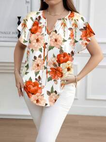 Reflora Áo kiểu dáng rộng rãi, tay ngắn, cổ khoét lỗ, in họa tiết hoa hồng cam thanh lịch, cỡ lớn, thích hợp cho mùa xuân/hè, đi chơi hoặc ngày lễ tình nhân. - Nhiều màu - Xem 3