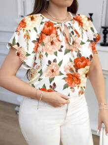 Reflora Áo kiểu dáng rộng rãi, tay ngắn, cổ khoét lỗ, in họa tiết hoa hồng cam thanh lịch, cỡ lớn, thích hợp cho mùa xuân/hè, đi chơi hoặc ngày lễ tình nhân. - Nhiều màu - Xem 4
