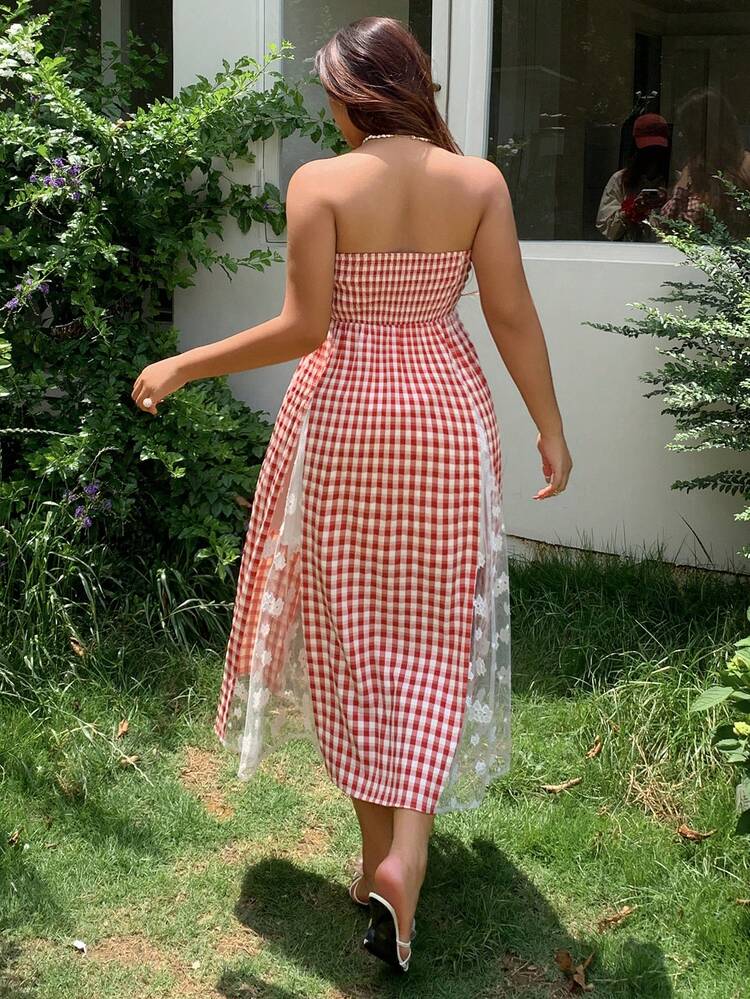 Dazy Plus Plaid Contrast Lace Vacation Style Strapless Dress
