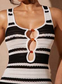 Silquee Women's Summer Casual Black And White Colorblock Striped Sleeveless Tight Knit Dress Beaded Dress Women's Summer Wear, Women's Dress, Resort Wear - Brown - View 8