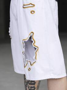 Manfinity EMRG Pantalones cortos vaqueros informales con diseño gráfico y rotos de ajuste holgado para hombres, ideal para el verano - Blanco - Ver 7