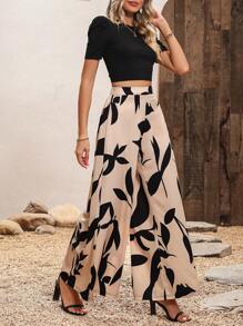 SHEIN PETITE 女式黑色针织紧身上衣和碎花阔腿裤两件套，春夏 - 彩色 - 查看 7