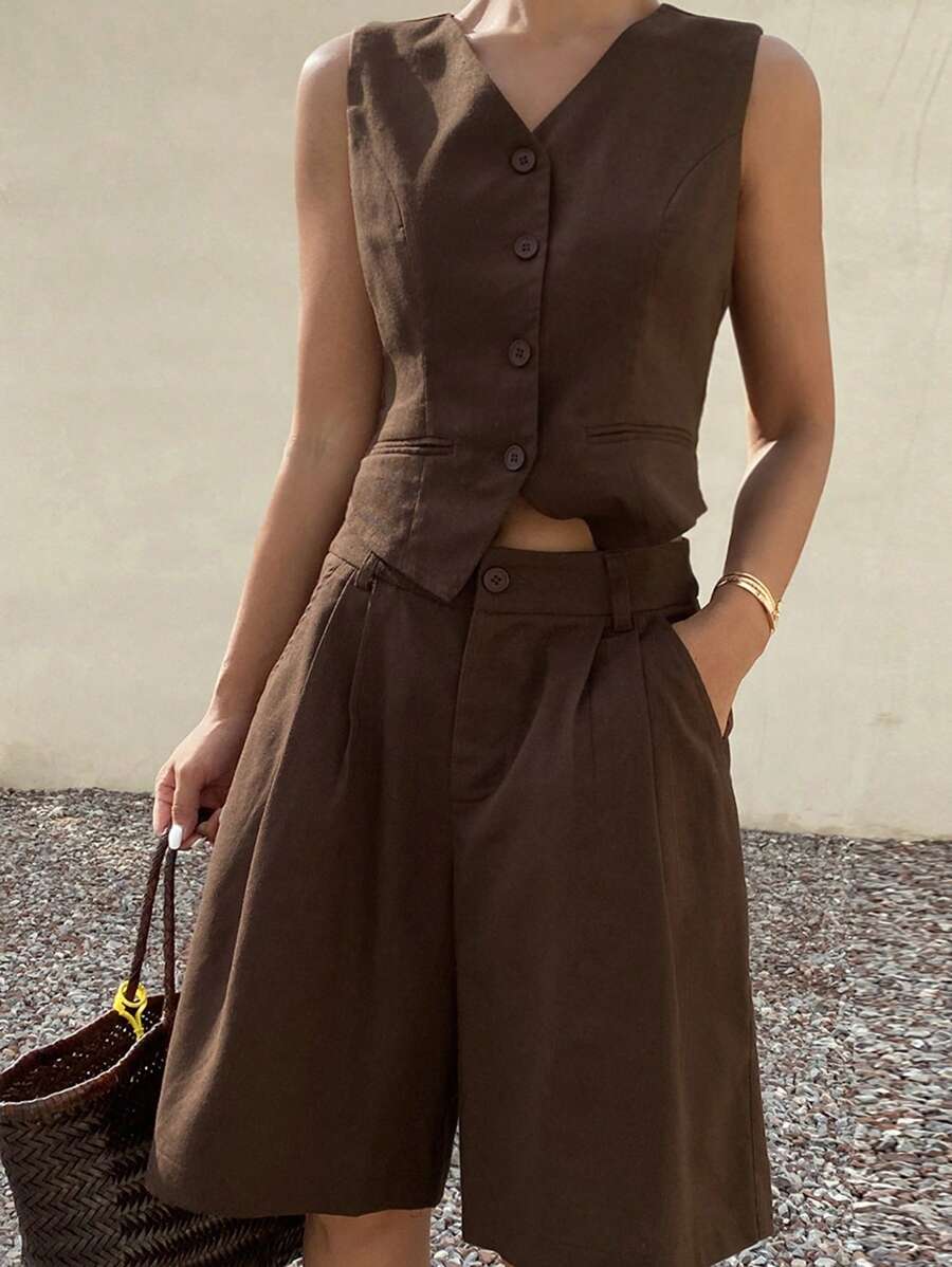 DAZY Bộ đồ 2 mảnh thường ngày dành cho nữ, thiết kế mùa hè mới bằng vải lanh, bộ đồ ngắn cho nữ - Cà phê nâu - Xem 1