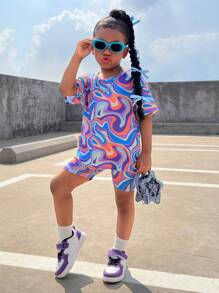 SHEIN Young Girl Casual Knit Colorful Graphic Print Short Sleeve Top And Shorts 2 Pieces Set