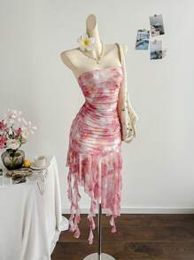 Soleia 大码花卉印花网眼荷叶边连衣裙，浪漫假期、约会、情人节、下午茶 - 粉色 - 查看 3