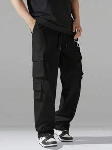 Manfinity Hypemode Men's Cross Print Drawstring Waist Cargo Pants With Pockets - Black - View 4