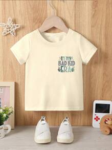 SHEIN Playful Pals 幼儿男婴休闲可爱时尚标语和骷髅手印圆领短袖 T 恤，夏季 - 杏色 - 查看 3