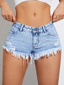 SHEIN ICON 大码女式 Y2K 街头风格水洗做旧毛边百搭牛仔短裤，夏季 - 淺色水洗藍 - 查看 1