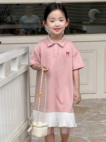 DAZY Young Girls Regular Collared Casual Embroidered Bow Short Sleeve Summer Dress - Pink - View 2
