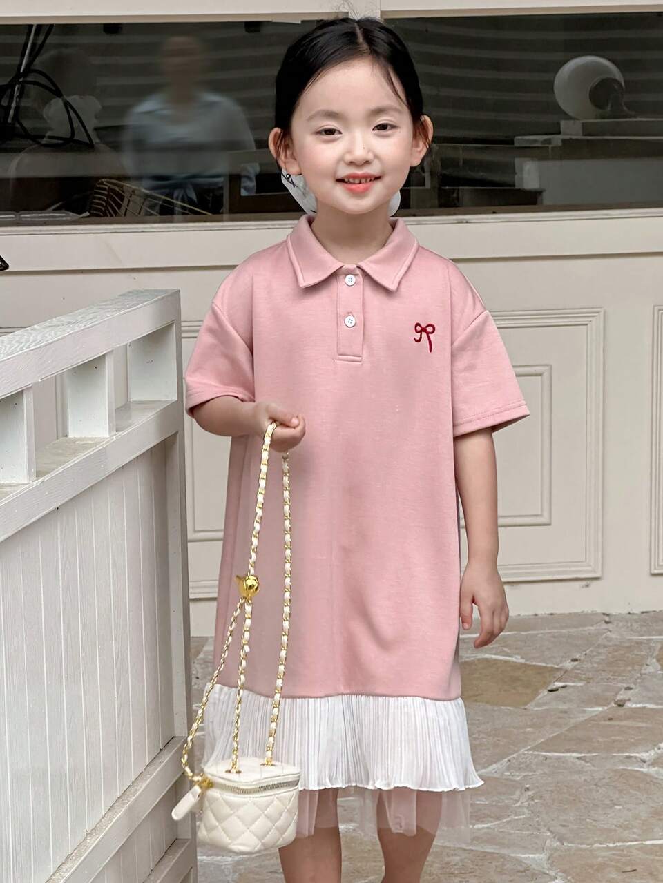 Young Girls Regular Collared Casual Embroidered Bow Short Sleeve Summer Dress