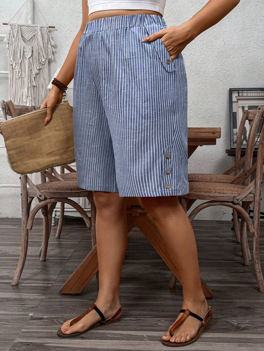 EMERY ROSE Plus Size Women French Style Vacation Blue And White Striped Casual Five-Minute Shorts, Beach Resort Wear For Summer Women Summer Clothing Woman S Summer Clothes Women Short Dresses Summer Work Summer Dresses Women Summer Sets