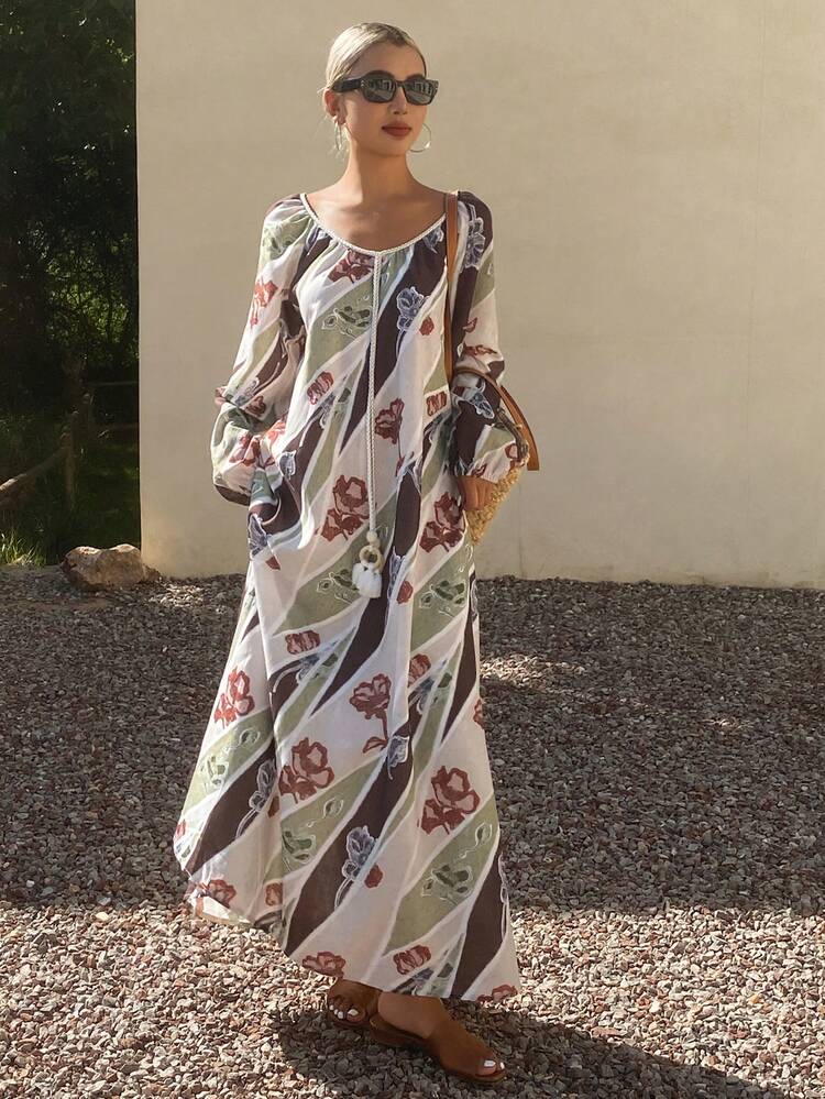 Bohemian Printed Dress, Slimming Beach Vacation Long Dress,Fall Clothes Boho