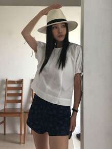 DAZY Women Plain Color Drawstring Tie Front Ruffle Trim White Short Sleeve Blouse Shirt, Spring & Summer - White - View 3