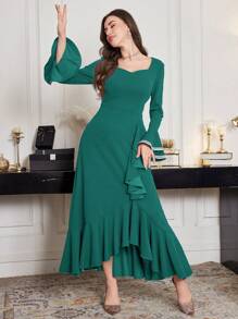 Modelyn Women's Long Bell Sleeve Asymmetrical Ruffle Hem Dress, Suitable For Spring/Summer - Dark Green - View 6