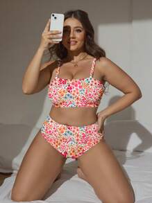 Plus Size Romantic Ditsy Floral Bandeau Bikini Set Set Suitable For Going Out For Summer Beach Vacation - Multicolor - View 6