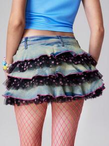 ROMWE J-Fashion Y2K风格浅洗低腰多层牛仔蛋糕裙 - 藍色 - 查看 5