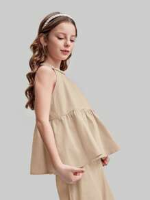 Ontre 2pcs Set Tween Girls Fashion Unique Crochet Style Halter Ruffled Hem Loose Solid Color Pants Casual Outdoor Summer Vacation Soft Comfortable Minimalistic & Versatile - Khaki - View 3