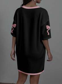 SHEIN EZwear 大码女式休闲简约粉色蝴蝶结装饰网眼V领迷你连衣裙 - 黑色 - 查看 2