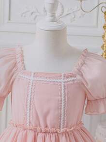 Glamorique Kids Young Girl Textured Fabric Ruffle Trim Square Neck Short Puff Sleeve A-Line Dress, Spring/Summer
