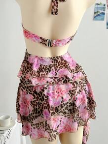 Soleia Women's Pink Floral Leopard Print 2pcs Set,Summer Boho Beach Vacation Holiday V-Neck Ruffle Halter Backless Tank Top&Asymmetrical Ruffled Mini Skirt - Multicolor - View 6