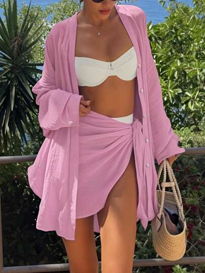 INAWLY 女士度假休闲纯色衬衫和迷你裙两件套