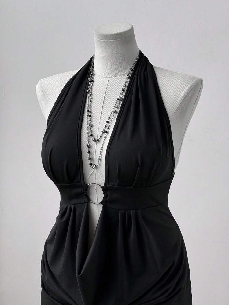 Sunspun Vestido Corpete Moda Plus Size Verão Decote Drapejado Sem Costas Vazado - Preto - Visão 5