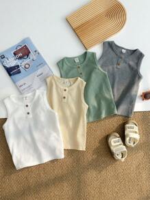 Set de 4 piezas para niños pequeños con top y camisa sin mangas con botones delanteros decorativos y de unicolor cómodo y versátil