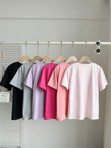 Tween Girls 6pcs Casual Plain Round Neck Short Sleeve T-Shirt, Multi-Pack, Multiple Colors, School, Campus, College, Summer, Outfit, Comfortable, Cute - Multicolor - View 2