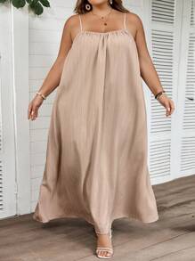 SHEIN CURVE+ Váy không tay màu trơn thường ngày cỡ lớn, mùa hè - Màu Khaki - Xem 4