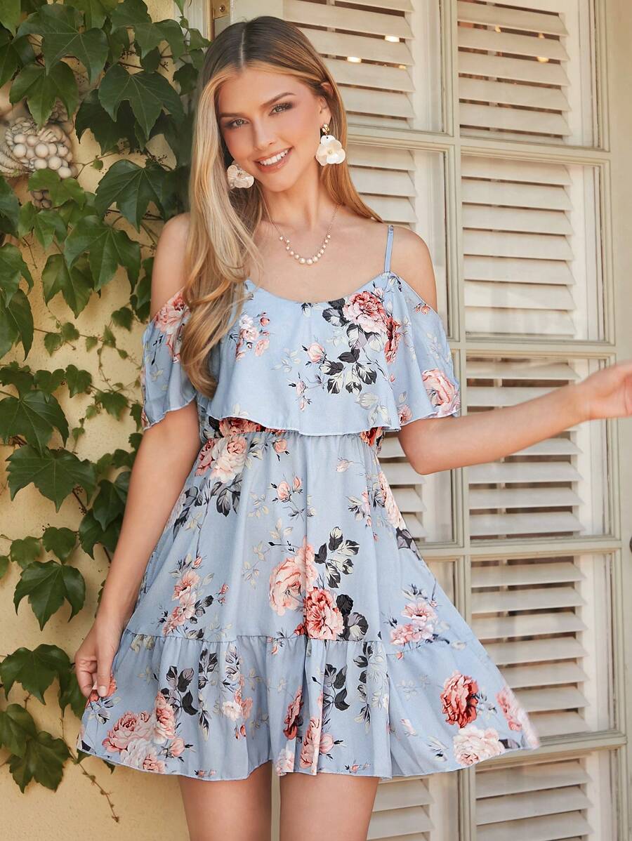 Amorya Light Blue Floral Summer Boho Holiday Vacation Spring Dress Women's Cold Shoulder Ruffle Hem Modest Vintage Old Money Teacher Outfits Airport Clothes - Baby Blue - View 1