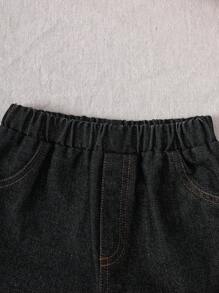 SHEIN 2pcs Kids Boy Casual Versatile Comfortable Round Neck Loose Short Sleeve Knit T-Shirt And Denim Shorts Set, Back To School Season