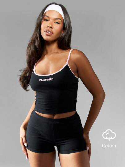 Missguided x Playboy Athletic Dance Sport Two Piece Set Workout Cami Crop Yoga High Rise Compression Short Sleepwear Gym Training Performance