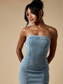 MISSGUIDED Strapless Bandeau Mini Denim Dress Bodycon Form Fitting Club Night Out Party Dress Side Slit Design - Light Wash - View 7