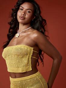 MISSGUIDED Conjunto de dos piezas de verano de punto para playa, festival, minifalda cubretraje, conjunto de ropa de resort, tejido a ganchillo para vacaciones y uso en la piscina - Amarillo - Ver 4