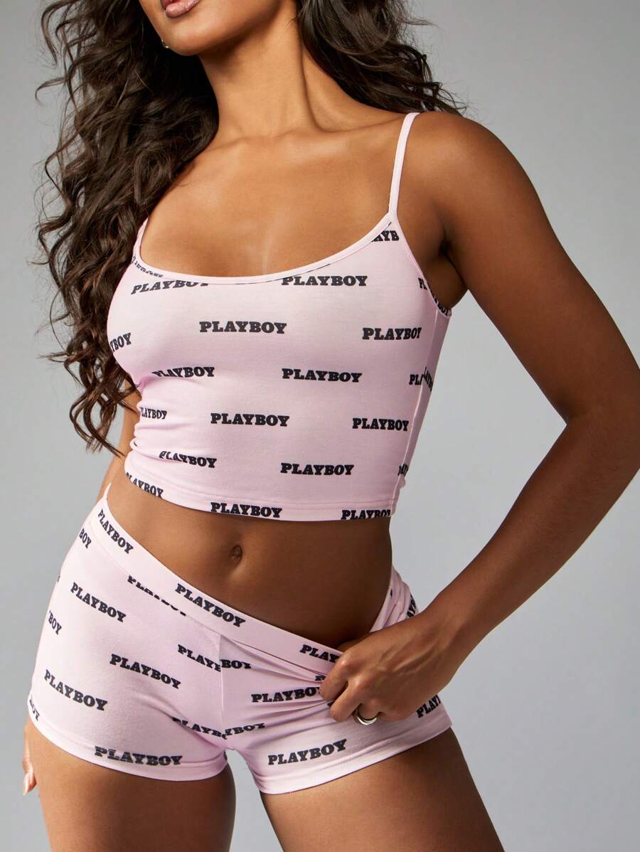 Missguided x Playboy AOP 印花夏季套装吊带背心搭配短款家居服夏季 - 粉色 - 查看 1