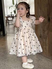 Hapijoa Toddler Girls' Cute Puff Sleeve Polka Dot Mid-Length Party Dress