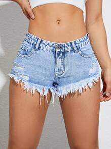SHEIN ICON 大码女式 Y2K 街头风格水洗做旧毛边百搭牛仔短裤，夏季 - 淺色水洗藍 - 查看 6