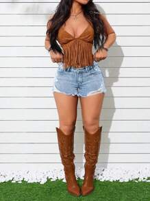 SHEIN ICON Y2K Streetwear Style Distressed Short Jeans, Fashionable For Summer - Light Wash - View 5