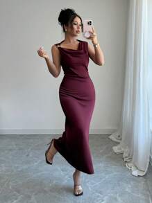 Elenzga Damen elegantes lang geschnittenes Kleid mit verdecktem Kragen, einfarbig und figurbetont