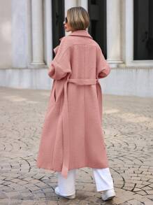 EURMUSE Ladies' Patchwork Tie Belted Woolen Coat - Baby Pink - View 2