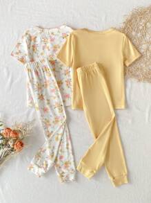 Set de 2 piezas para niñas pequeñas: Top de manga corta y ajustada, junto con pantalones estampados con flores, para un look casual y lindo para estar en casa