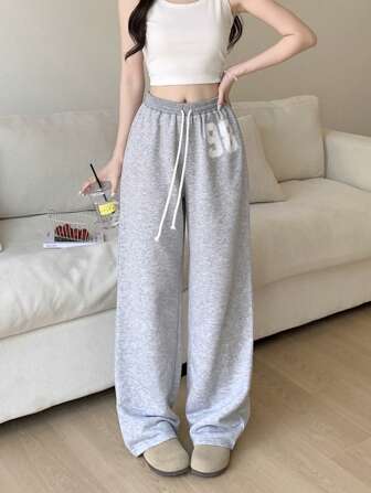 Teengirl 浅灰色低腰运动裤，休闲数字印花街头慢跑裤，适合所有季节