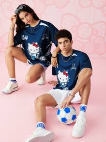 HELLO KITTY AND FRIENDS | SHEIN 男士卡通图案圆领短袖T恤，夏季 - 藏蓝色 - 查看 5