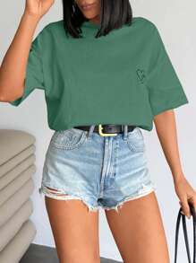 SHEIN Cottnline Women Solid Color Printed Detailed Short Dress T-Shirts - Mint Green - View 5