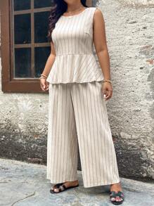 SHEIN LUNE 2件套加大码套装 - 条纹印花圆领无袖上衣和长裤