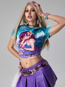 ROMWE Women's Anime Character Print With Rhinestones Fitted T-Shirt - Multicolor - View 4