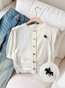 Comfortcana Cardigan bianco corto con maniche corte e bottoni ricamati per donna