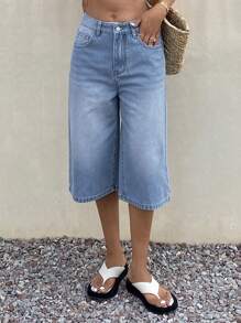 Livesso 女士宽松休闲复古牛仔短裤，夏季牛仔短裤 - 藍色 - 查看 4