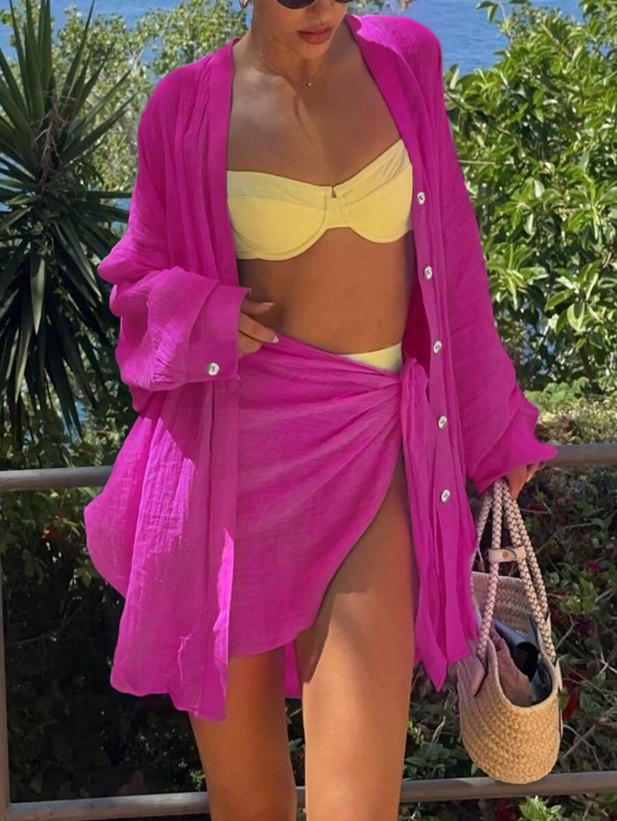 INAWLY 2pcs/Set Women Solid Color Front Button Long Sleeve Top And Knotted Waist Mini Skirt Fall Cloth For Women - Hot Pink - View 1