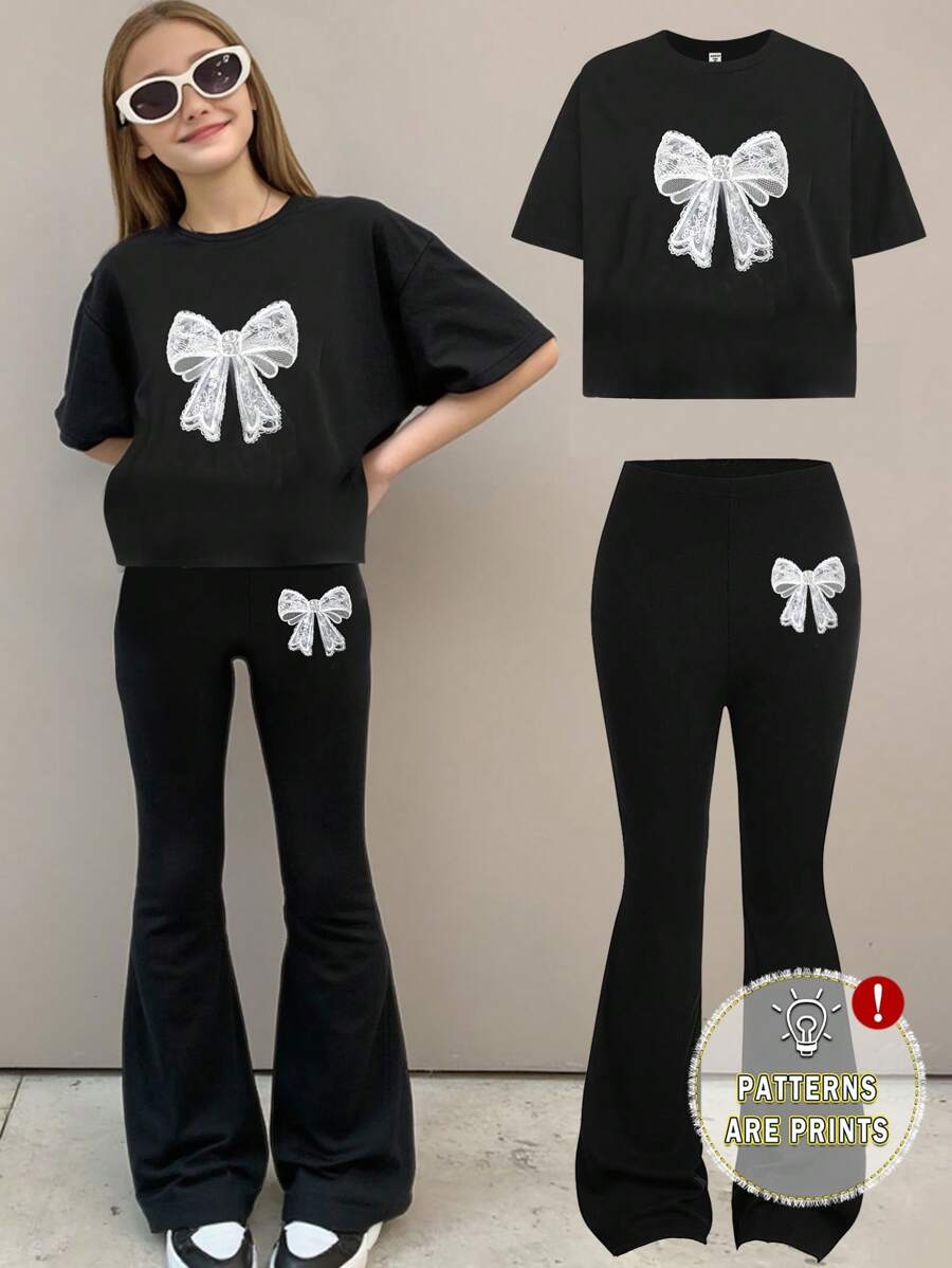 SHEIN Girlism 2pcs Tween Girl Casual Lace Bow Pattern T-Shirt And Long Pants Set, Suitable For Spring & Summer Summer Outfits - Black - View 1